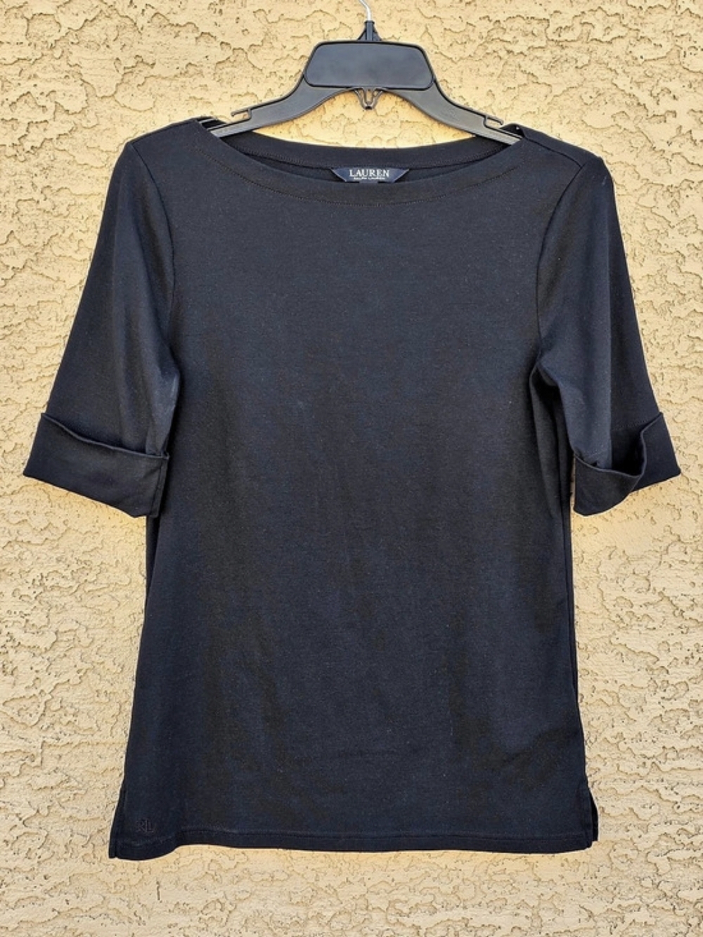 Lauren Ralph Lauren Black Boat Neck Cuffed 3/4 Sleeve top Size M Classic